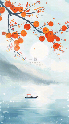 中国风山水画柿子树船只霜降插画背景