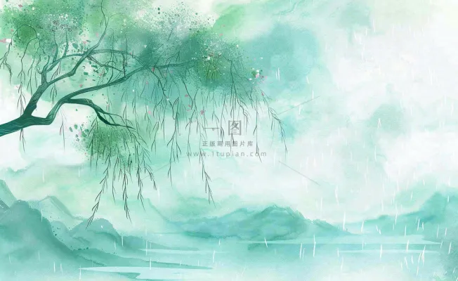 春天梅雨季柳树燕子清冷雨水谷雨惊蛰清明节水墨水彩插画背景