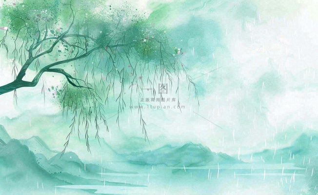 春天梅雨季柳树燕子清冷雨水谷雨惊蛰清明节水墨水彩插画背景 春天梅雨季柳树燕子清冷雨水谷雨惊蛰清明节水墨水彩插画背景