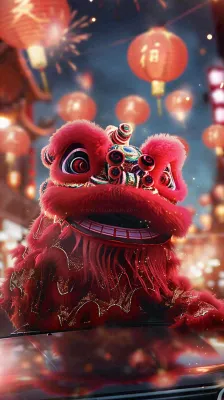 新年舞狮舞龙热闹街区红色喜庆节日小年除夕夜春节背景