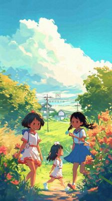 清新蓝天白云儿童路边行走手绘插画,花丛草地植物 清新蓝天白云儿童路边行走手绘插画,花丛草地植物