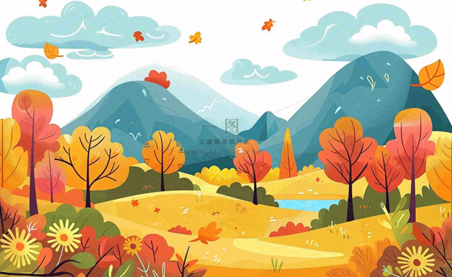 秋天金黄的森林山坡树木落叶蓝天白云立秋秋分处暑卡通插画背景