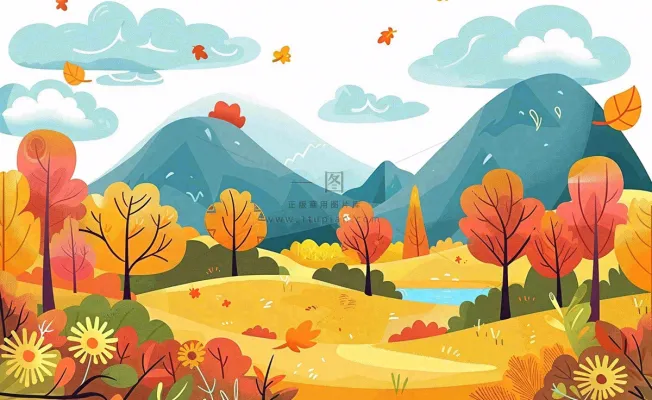秋天金黄的森林山坡树木落叶蓝天白云立秋秋分处暑卡通插画背景 秋天金黄的森林山坡树木落叶蓝天白云立秋秋分处暑卡通插画背景