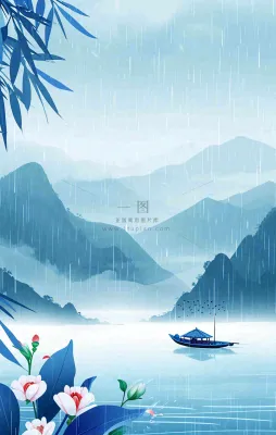 春天雨天湖面山脉小船植物花朵，雨水谷雨