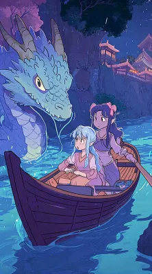 创意卡通古风河面人物游船,夜晚龙灯笼光照,海浪水面 创意卡通古风河面人物游船,夜晚龙灯笼光照,海浪水面