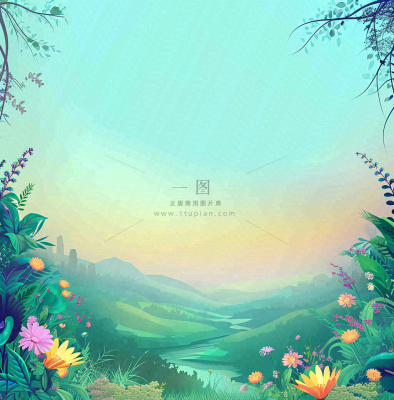春天山脉小溪河流花丛绿植清新手绘插画,春分惊蛰 春天山脉小溪河流花丛绿植清新手绘插画,春分惊蛰