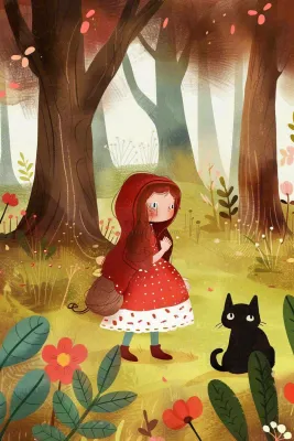 小红帽森林采蘑菇猫咪可爱童话儿童节卡通插画背景 小红帽森林采蘑菇猫咪可爱童话儿童节卡通插画背景