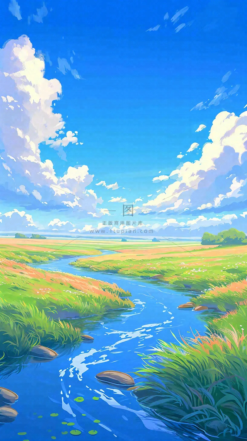 蓝天白云草地溪流春天阳光灿烂的日子春分春风，插画手绘