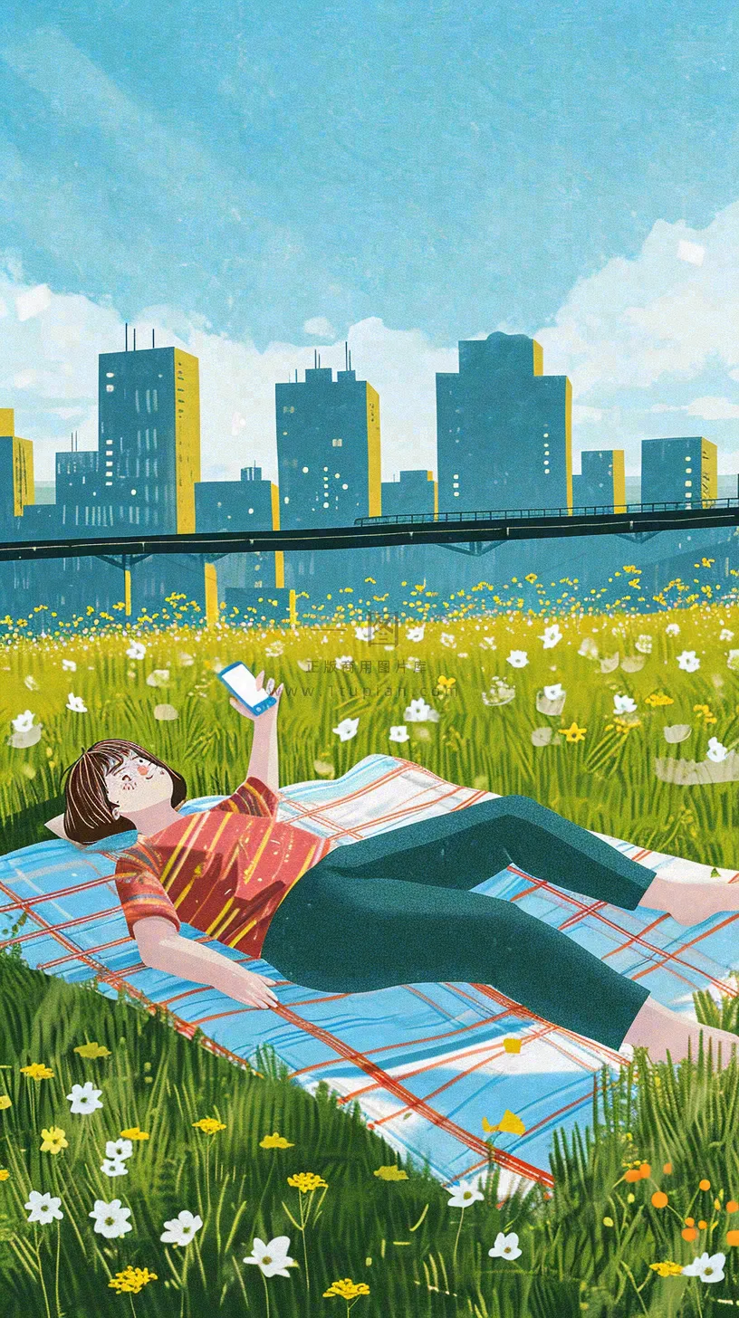 城市阳光蓝天白云人物在草地风景手绘插画,休闲