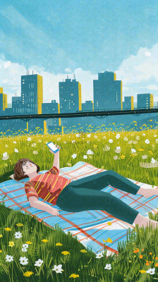 城市阳光蓝天白云人物在草地风景手绘插画,休闲 城市阳光蓝天白云人物在草地风景手绘插画,休闲