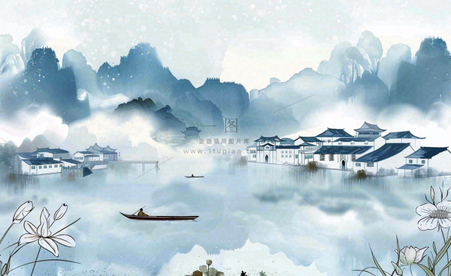 水墨山水江南水乡屋檐白露寒露冷清插画背景