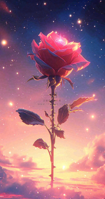 海平面上渐变落日前的一支粉色玫瑰花鲜花花朵，鲜艳爱情