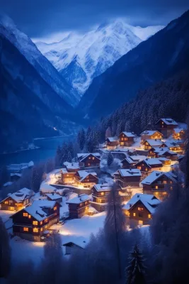 雪山下的小镇灯火通明摄影图