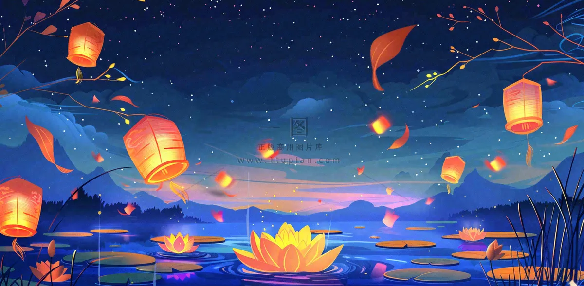 湖面花灯孔明灯风景夜晚荷花灯许愿灯放天灯中国风古风中元节寒衣节插画背景