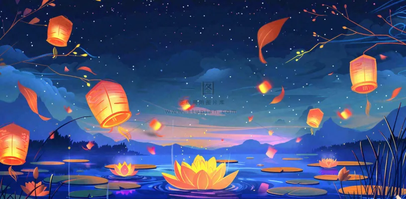 湖面花灯孔明灯风景夜晚荷花灯许愿灯放天灯中国风古风中元节寒衣节插画背景 湖面花灯孔明灯风景夜晚荷花灯许愿灯放天灯中国风古风中元节寒衣节插画背景