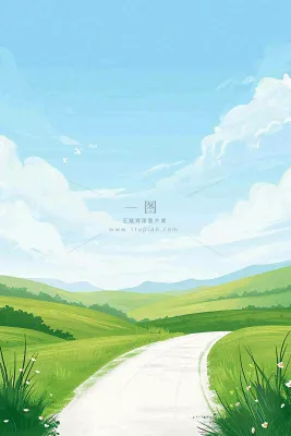 春日郊游草坪小路小花踏青手绘插画，立春春分