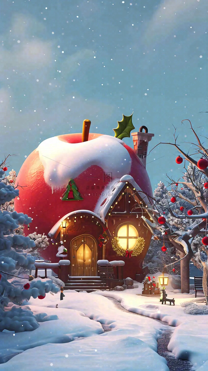 冬天苹果红色雪屋雪地雪花,圣诞节可爱卡通