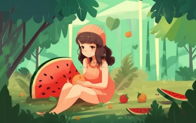 坐着西瓜草地的女孩插画背景