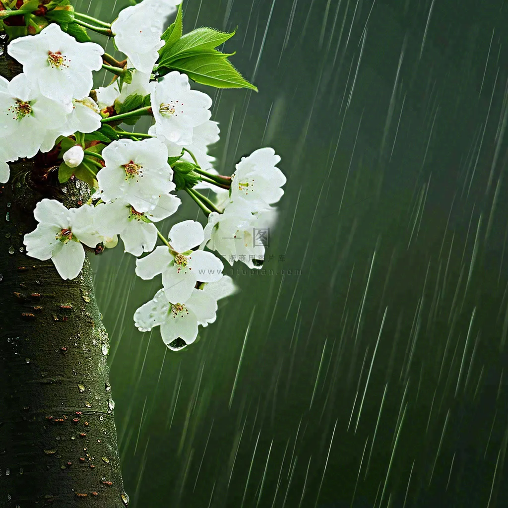 春天雨天白色花朵，雨水谷雨摄影图