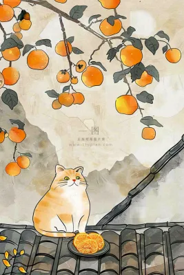 古风屋檐上的橘子树猫咪中国风插画处暑秋分白露插画背景 古风屋檐上的橘子树猫咪中国风插画处暑秋分白露插画背景