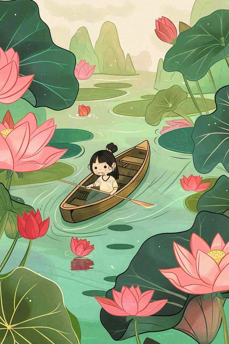 夏日荷花荷叶划船女孩古风国风插画立夏小暑大暑处暑插画背景