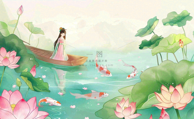 夏日清凉唯美荷花荷叶飘在水面古风少女乘小舟划船卡通人物插画处暑立夏小暑背景