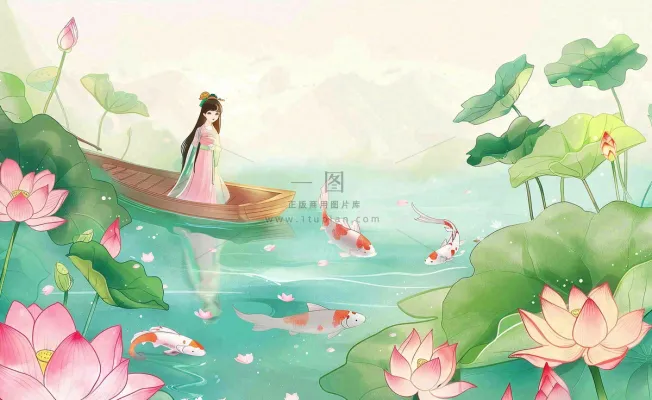 夏日清凉唯美荷花荷叶飘在水面古风少女乘小舟划船卡通人物插画处暑立夏小暑背景