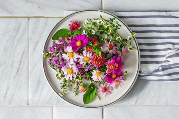 鲜花彩色花朵碟子摆盘简约摄影图