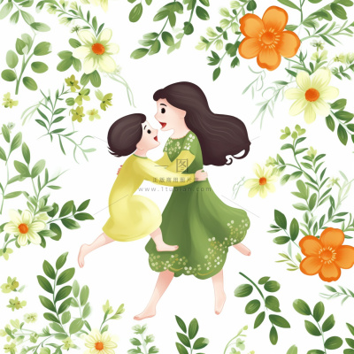 母亲节妈妈拥抱着孩子花海手绘插画素材海报背景