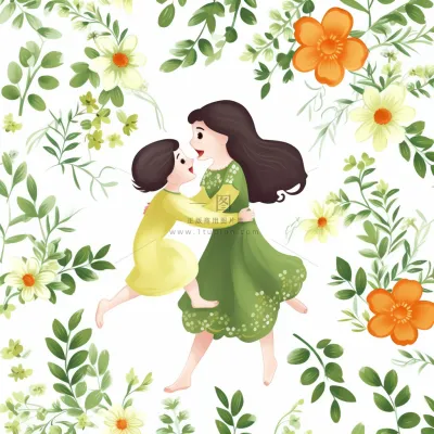 母亲节妈妈拥抱着孩子花海手绘插画素材海报背景