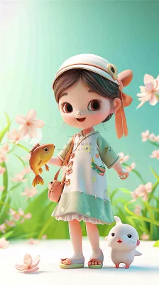 儿童节小女孩田间游玩小草小花,动物鱼类可爱 儿童节小女孩田间游玩小草小花,动物鱼类可爱