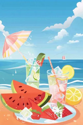 炎热夏日冰镇饮料饮品西瓜汁海边沙滩蓝天白云立夏夏至大暑小暑处暑卡通插画背景 炎热夏日冰镇饮料饮品西瓜汁海边沙滩蓝天白云立夏夏至大暑小暑处暑卡通插画背景