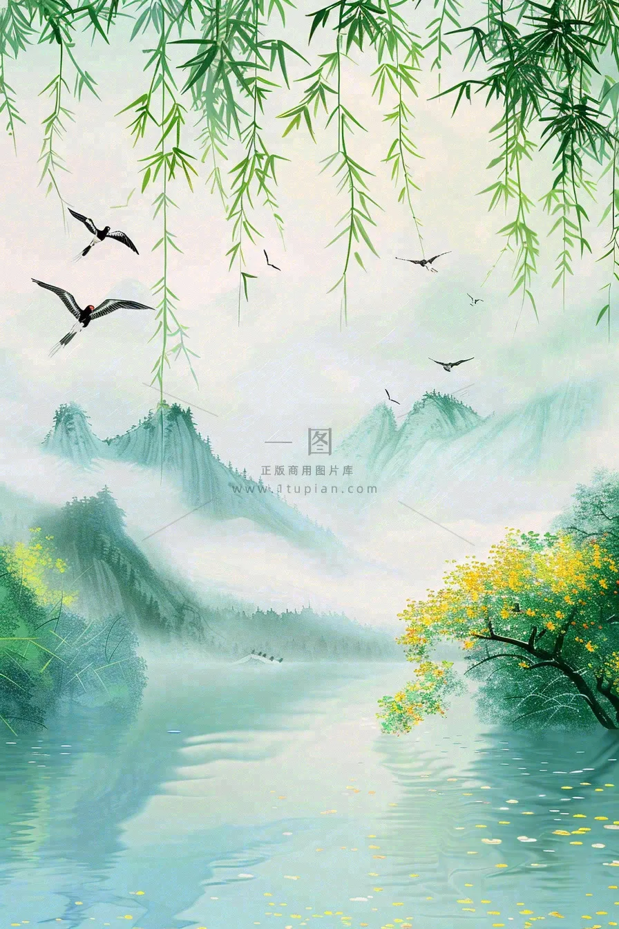 春天雨水水墨山水柳树柳枝燕子黄花盛开清明端午插画背景