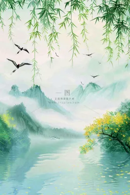 春天雨水水墨山水柳树柳枝燕子黄花盛开清明端午插画背景 春天雨水水墨山水柳树柳枝燕子黄花盛开清明端午插画背景