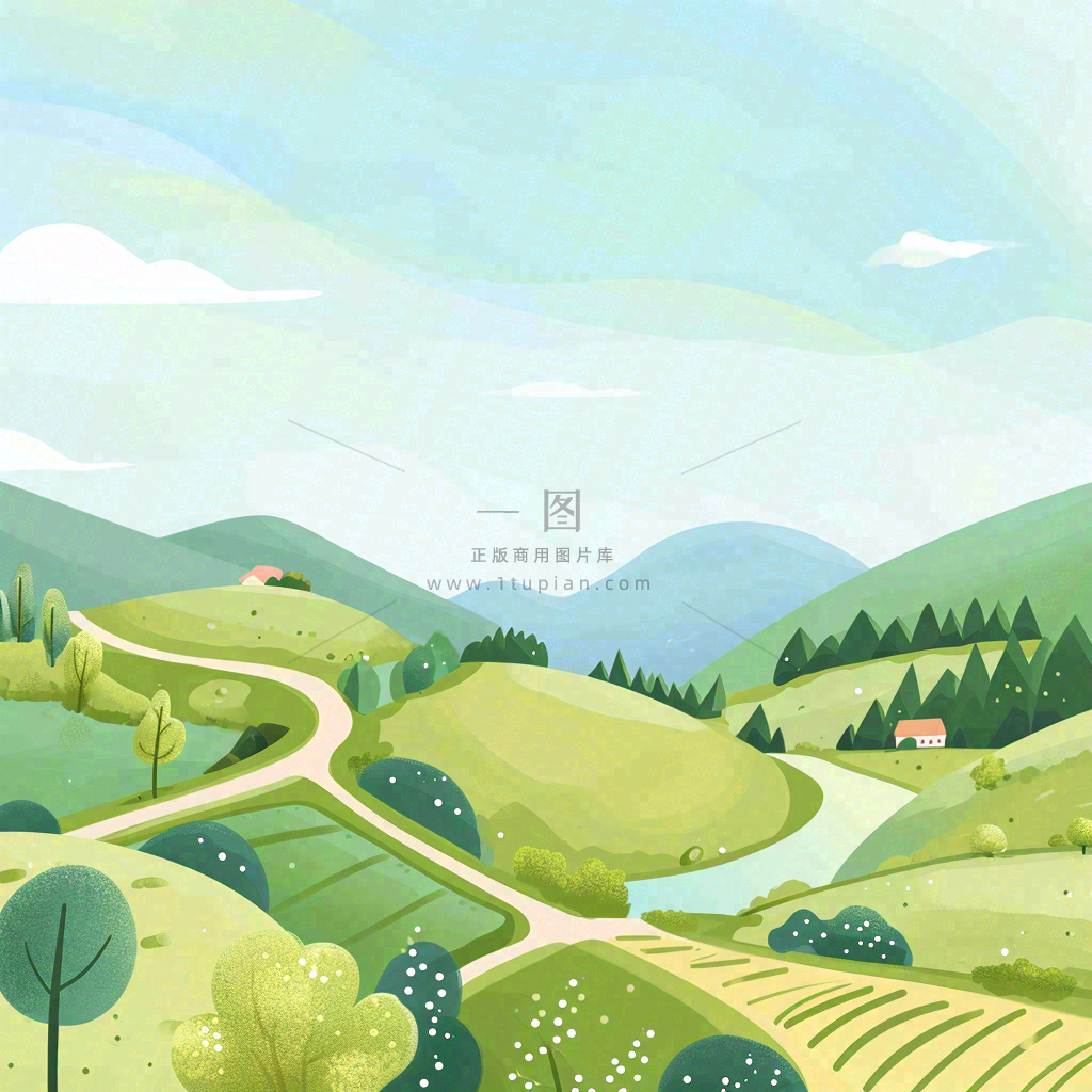 春天清新山脉田间草地绿植手绘插画