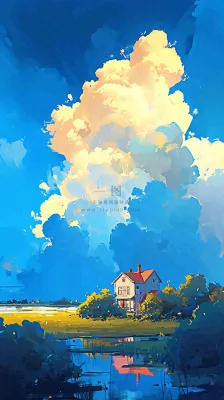春天乡村河流倒影草地蓝天白云小屋手绘插画 春天乡村河流倒影草地蓝天白云小屋手绘插画