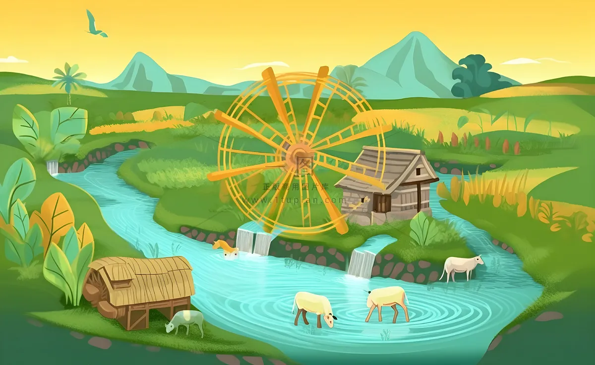 春天田园绿色自然风车水河流畜牧插画素材背景