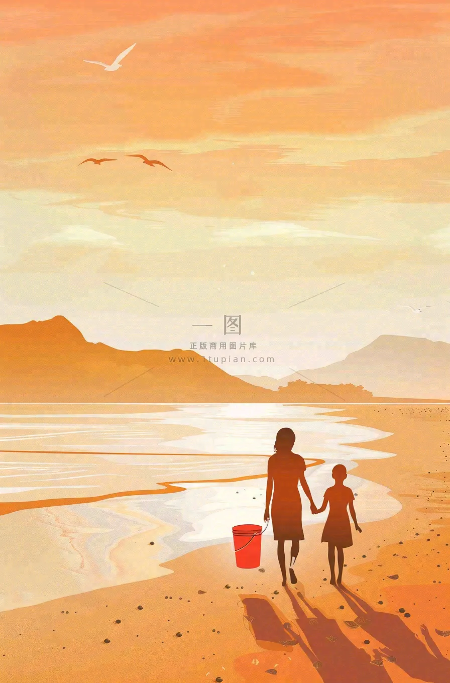 夕阳晚霞下的海洋沙滩亲子散步母亲节插画背景
