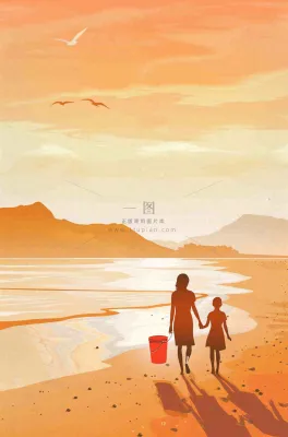 夕阳晚霞下的海洋沙滩亲子散步母亲节插画背景 夕阳晚霞下的海洋沙滩亲子散步母亲节插画背景
