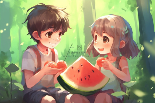 夏日卡通插画儿童吃西瓜动漫风背景 夏日卡通插画儿童吃西瓜动漫风背景