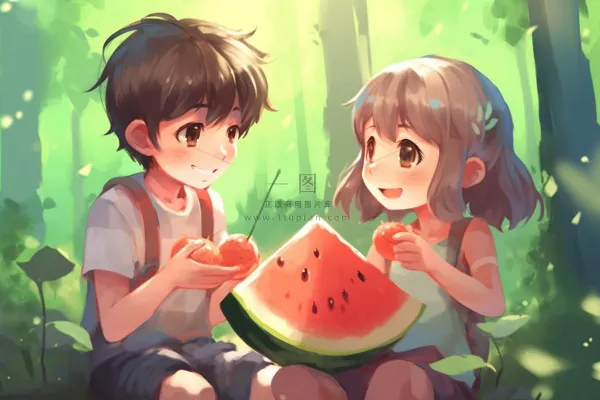 夏日卡通插画儿童吃西瓜动漫风背景 夏日卡通插画儿童吃西瓜动漫风背景