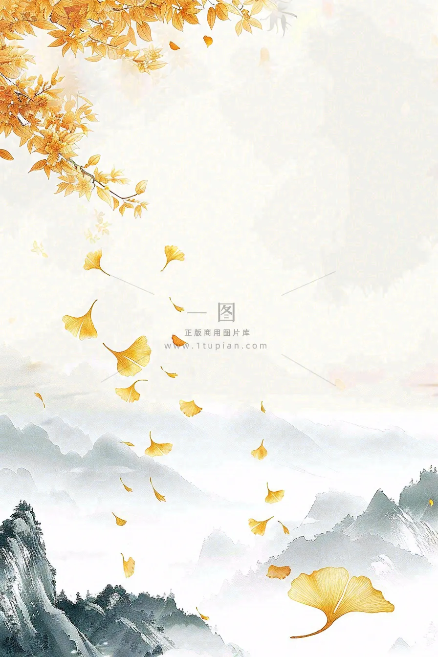 秋天黄了的银杏树银杏叶落叶菊花立秋重阳节秋分白露水墨插画背景