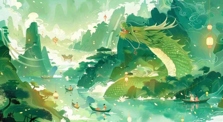 中国风国潮插画龙绿色盛世端午节插画背景