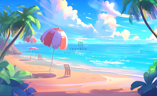 海边度假沙滩椰树冲浪天空插画背景