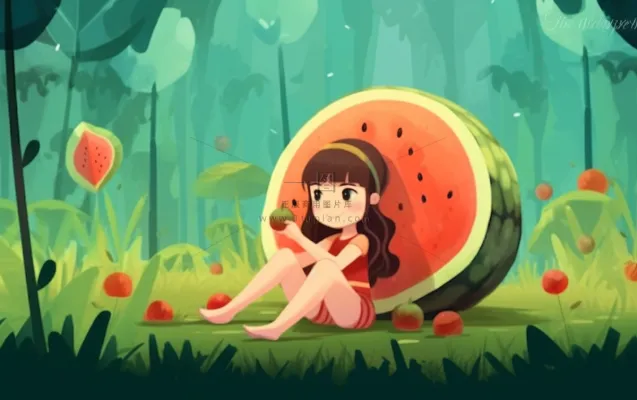 坐着西瓜草地的女孩插画背景