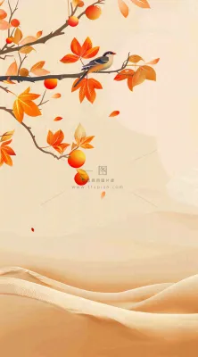 秋冬柿子树上的小鸟黄色插画霜降背景 秋冬柿子树上的小鸟黄色插画霜降背景