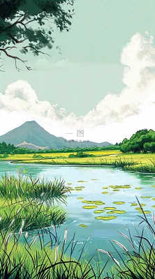 春天阳光灿烂远处的高山和田野春意盎然手绘卡通画