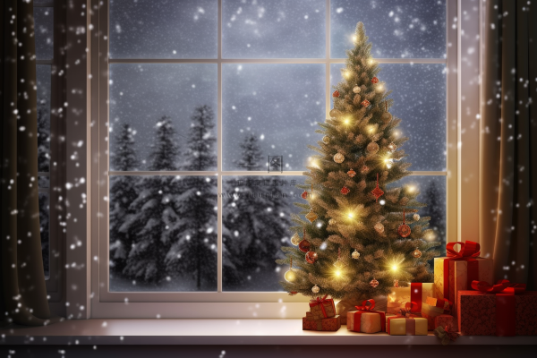 圣诞装饰喜庆礼物红色窗外下雪摄影图