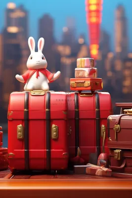 新年春节白兔坐在礼物礼盒灯火灯笼喜庆摄影图