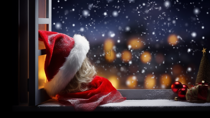 圣诞夜窗外下雪摄影图